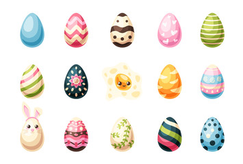 Easter eggs set isolated on white background. Bunny, rabbit ears. Happy Holidays. Colorful objects. Cute simple design. Flat style vector illustration.