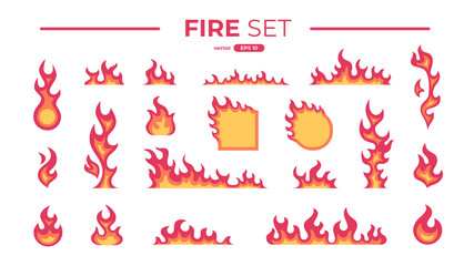Fire flame set isolated. Icons. Flat style vector illustration. Flame, fire, torch, campfire. Cute cartoon design. Orange and yellow colors. Realistic template.