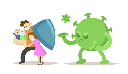 Father protecting his wife and children big from green virus with a shield. Quarantine situation, Covid-19 virus pandemic. Flat vector illustration, isolated on white background.