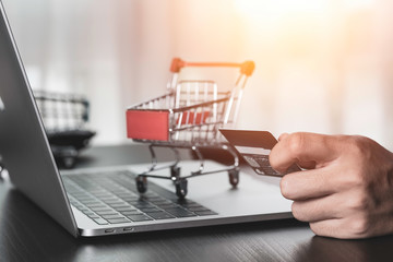 One hand holding credit card and another hand input order to computer laptop with shopping cart...