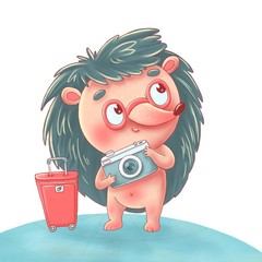 Cute hedgehog in pink glasses holds the camera