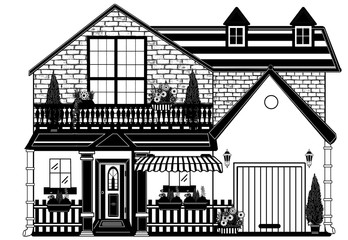 line drawing house, black and white building hand draw with details and elements, window, door, roof, facade, modern classic style