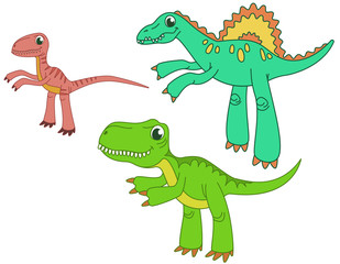 Set of carnivorous dinosaurs. Velociraptor, spinosaurus and tyrannosaurus in funny cartoon style.
