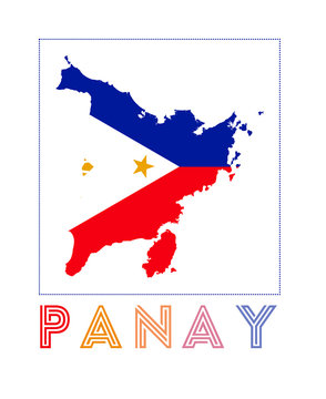 Panay Logo. Map of Panay with island name and flag. Stylish vector illustration.