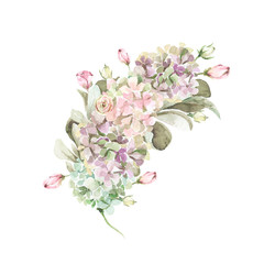 Hand painted watercolor provence floral composition with flowers of pink roses and hydrangea, foliage. Romantic set perfect for fabric textile, vintage paper or scrapbooking