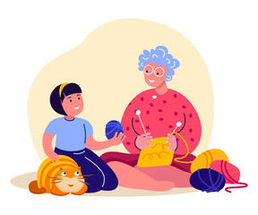 Knitting Old Aged Pensioner Woman,Girl Child Together.Cosy Home Atmosphere. Grandmother Plying Needle Needlework.Knit Yarn Wool. Favourite Hobby