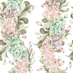 Hand painted watercolor provence floral pattern with flowers of pink roses and hydrangea, foliage. Romantic seamless pattern perfect for fabric textile, vintage paper or scrapbooking