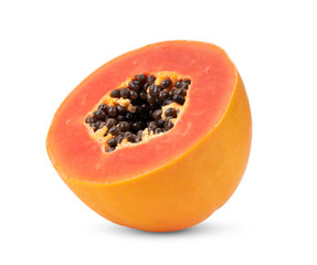 half  ripe papaya fruit with seeds  on white background