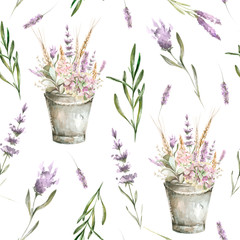 Hand painted watercolor provence floral pattern with bucket of lilac flowers of lavanders and foliage. Romantic seamless pattern perfect for fabric textile, vintage paper or scrapbooking