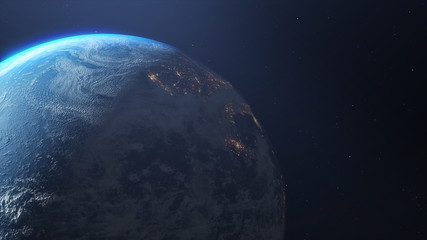 Planet earth in space haze. Lights of night cities of awakening cities. Elements of this image furnished by NASA - 3d illustration.