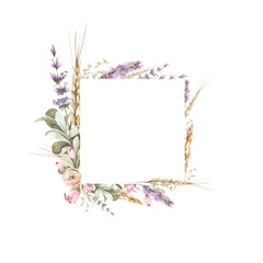 Hand painted watercolor wreath with roses, lavander and foliage. Romantic floral rustic set perfect for fabric textile, vintage paper, scrapbooking, invitation or greeting cards.