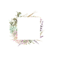 Hand painted watercolor wreath with roses, lavander and foliage. Romantic floral rustic set perfect for fabric textile, vintage paper, scrapbooking, invitation or greeting cards.