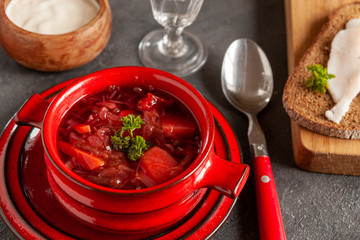 Traditional homemade Russian beetroot soup borscht