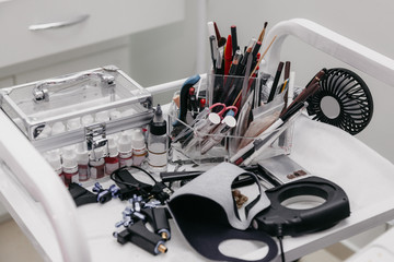 The workplace of the beautician, a mess on the table