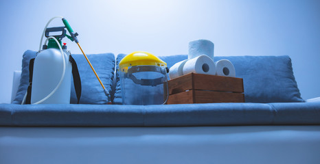 Doomsday equipment, protective helmet / mask, decontamination sprayer and toilet paper stock.