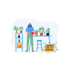 Home garden concept. Young girl holding plant with leaves, cares for flower, watering, planting, cultivating. Illustration of flowers, plants in pots with people enjoying their hobbies. Vector