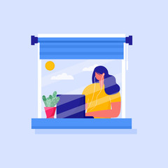 Concept illustration of working at home, coworking space. Woman working on laptop at house. Self isolation, quarantine due to coronavirus prevention. Stay at home for precaution covid - 19. Vector