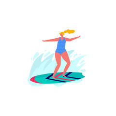 People surfing in beachwear with surfboards. Young women amd men enjoying vacation on the sea, ocean. Concept of summer sports and leisure outdoor activities isolated on white background . Flat vector