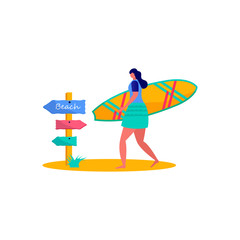 People surfing in beachwear with surfboards. Young women amd men enjoying vacation on the sea, ocean. Concept of summer sports and leisure outdoor activities isolated on white background . Flat vector