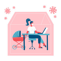 Woman working on a laptop at home with her child in stroller. Mom freelancer with a baby carriage. Remote quarantine. COVID-19 outside silhouette of house. Vector flat illustration.