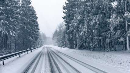 snowy road in winter forest