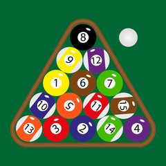 Billiard layers in a wooden rack - the starting position is usually used. Isolated illustration on green color gradient. The whole set of balloons. Vector