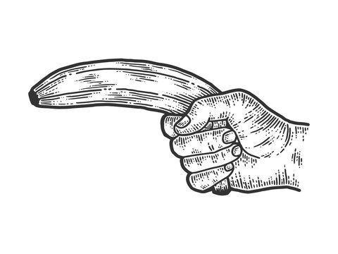 Male Hand Shoots A Banana. Sketch Scratch Board Imitation.