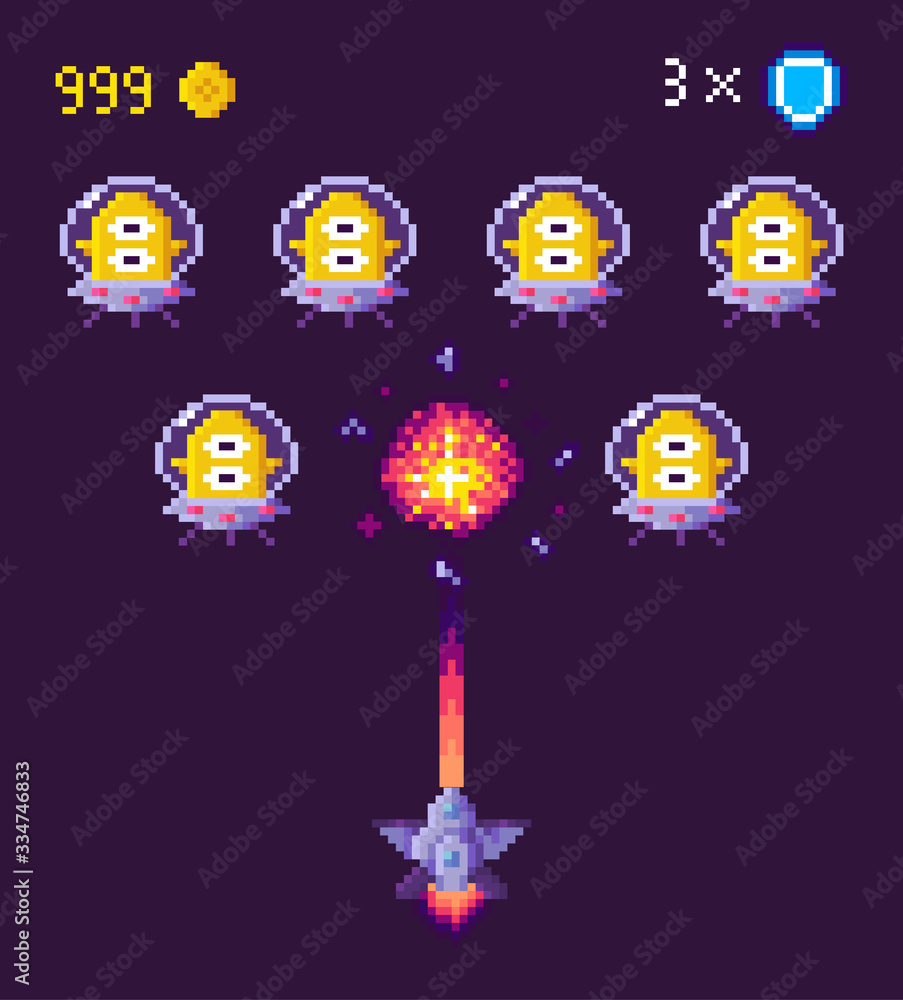 Poster spaceship and aliens fight pixel game vector. pixelated characters and points gained in battle, spac