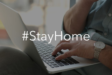 Man using laptop at home, closeup. Concept of epidemic