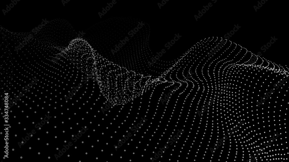 Poster abstract dynamic wave of particles. wave of gradient dots on black background. futuristic vector ill