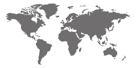 Fototapeta premium A simplified map of the world. Stylized generalized gray card on a white background. In flat style. Website template, design, cover. Australia, Asia, America, Europe, Africa. Vector