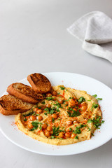 Chickpea hummus, made with croutons