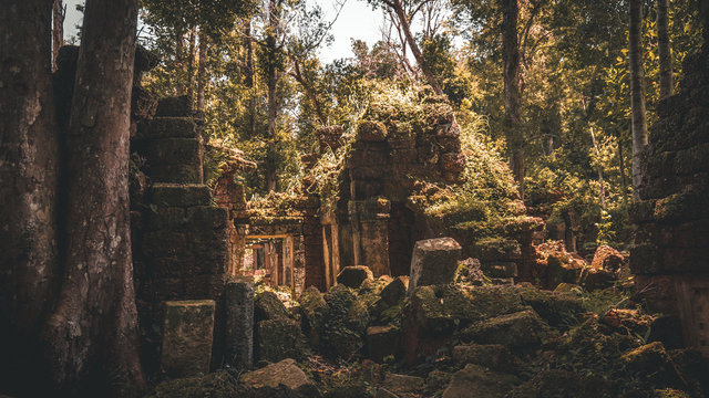 Phnom Kulen mounain, old broken temple in forest