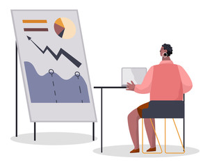 Woman worker sitting at desktop with laptop and looking at board with graph report. Professional financial strategy from employee communicating with computer and researching chart plan vector