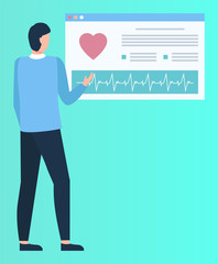 Back view of man character standing near cardiogram board, graph or heartbeat symbol, screen with pulse. Cardiology analysis, assistent or doctor vector