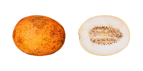 Whole and cut melon isolated on a white background. Ripe summer fruit.
