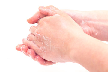 man washes his hands. hands in foam of antibacterial soap. Protection against bacteria, coronaviruses. hand hygiene. wash hands with water.