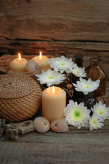 Spa composition with flowers and candles. relax concept. copy space