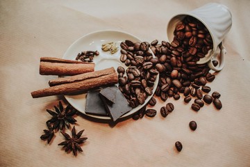 coffee beans and cinnamon sticks 