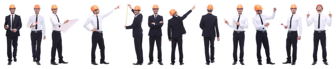 panoramic photo collage of confident architect isolated on white