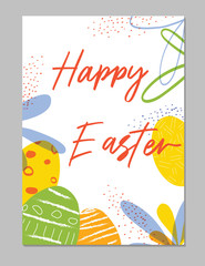 Trendy colorful Happy Easter greeting card with flowers eggs and bizarre elements.Good for poster, card, invitation, flyer, cover, banner, placard, brochure and other graphic design. 