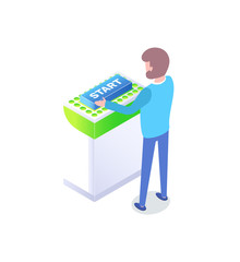 Worker pushing startup button, back view of man standing near business platform, modern equipment, 3d device, smart technology, creating idea vector