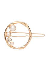 Subject shot of a ring-shaped hair clip made of a curved golden wire and decorated with pearls and a crystal. The fancy hair accessory is isolated on the white backdrop. 