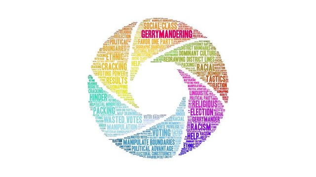 Gerrymandering animated word cloud on a white background. 