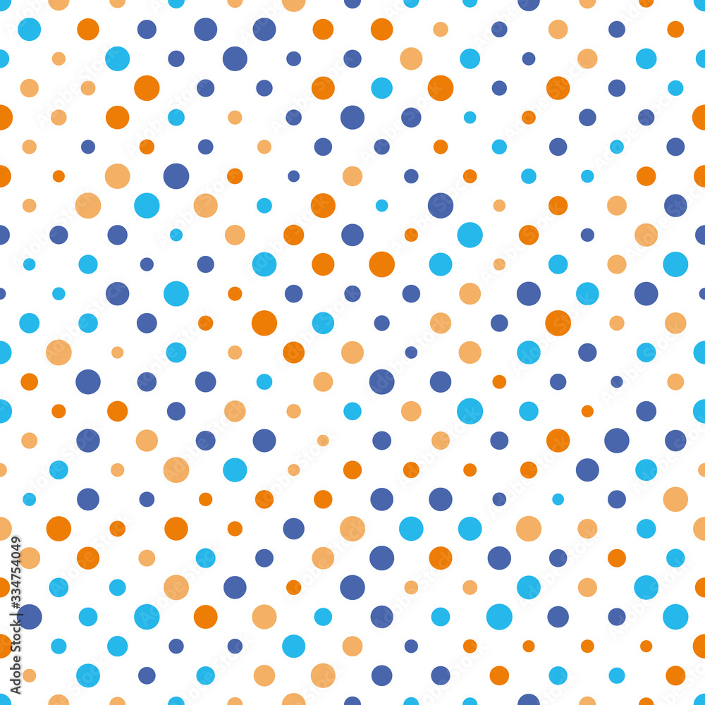 Poster seamless polka dot pattern. orange and blue dots in random sizes on white background. vector illustr