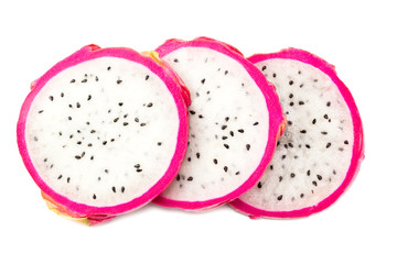 Sliced Ripe Dragon fruit isolated on white background. Pitaya or Pitahaya Top view