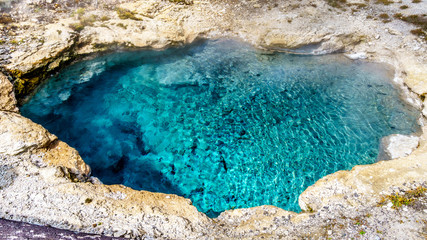 The turquoise waters of a hot spring in the Upper Geyser Basin along the Continental Divide Trail in Yellowstone National Park, Wyoming, United States