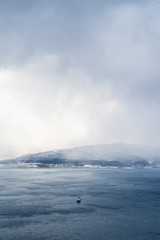 Fototapeta na wymiar Boat crossing the sea in winter. Cloudy and misty day in Hakodate, Japan