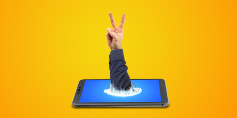victory sign by hand and smartphone 3D rendering