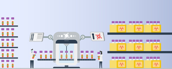 Concept medical laboratory and covid-19 vector illustration with automated analyzer, blood specimen in test tube and lab technicians working on their job.